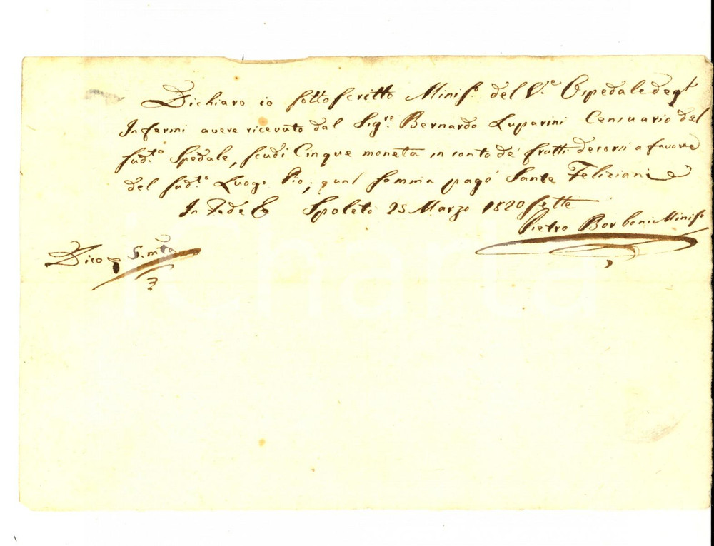 Documento originale, autentico 1820 SPOLETO Ricevuta Pietro BORBONI ospedale degli infermi per censo luogo pio 1