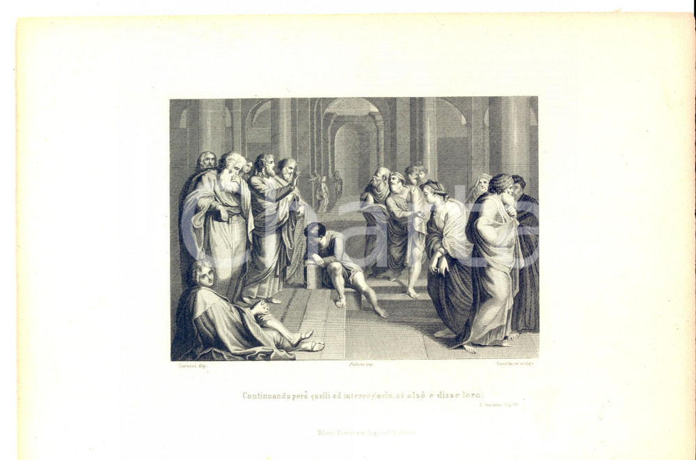 Stampa, bozzetto originale 1870 ca MILANO VANGELO GIOVANNI GesÃ¹ e i Farisei Stampa inc. GUZZI 30x20 1