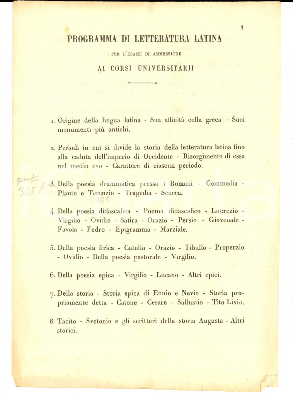 Documento originale, autentico 1863 UNIVERSITA  DI TORINO Programma di letteratura latina per l ammissione 1