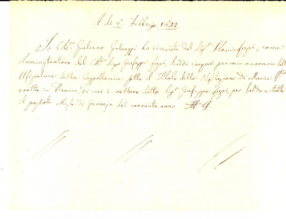 Documento originale, autentico 1832 FIRENZE Onorario Giuliano GALEAZZI per cappellania Visitazione Maria SS.ma 1