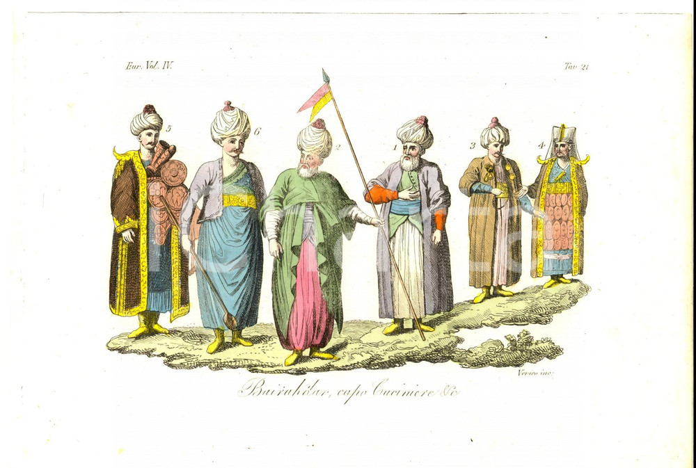 Stampa, bozzetto originale 1826 FERRARIO COSTUME EUROPEO ISTANBUL Bairakdar, capo cuciniere Inc. VERICO 1