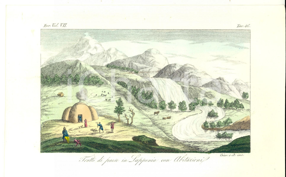 Stampa, bozzetto originale 1830 FERRARIO COSTUME EUROPEO Tratto di paese in Lapponia con abitazioni GIARRÃˆ 1