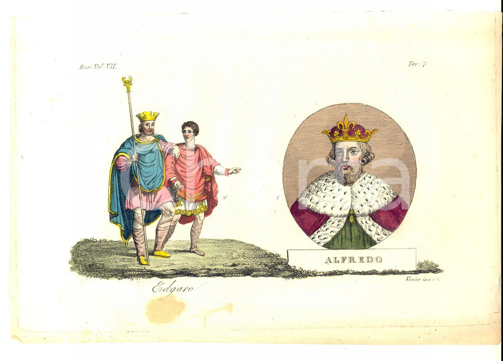 Stampa, bozzetto originale 1830 FERRARIO COSTUME EUROPEO Edgaro, Alfredo Inc. VERICO Colorata a mano 1