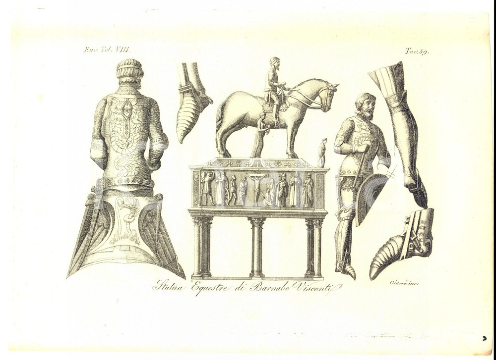 Stampa, bozzetto originale 1830 ca FERRARIO COSTUME EUROPEO Statua equestre di BernabÃ² Visconti GIARRÃˆ 1