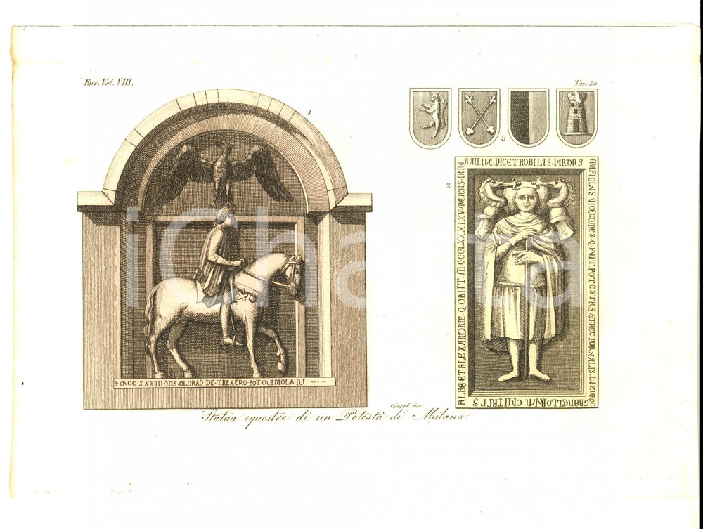 Stampa, bozzetto originale 1830 ca FERRARIO COSTUME EUROPEO Statua equestre di un potestÃ  di Milano GIARRÃˆ 1