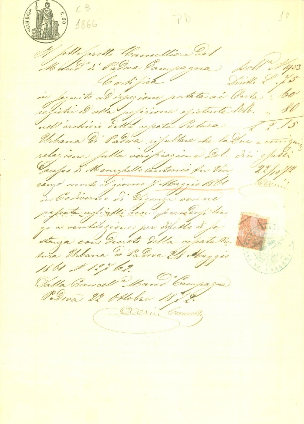 Documento originale, autentico 1872 PADOVA Difetti nel certificato di morte di Antonio MENEGHELLO Documento 1