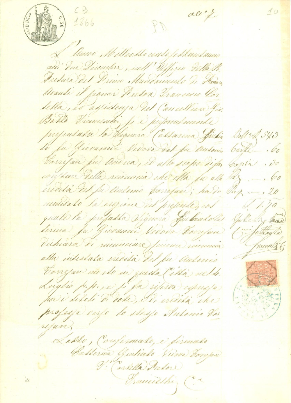 Documento originale, autentico 1871 PADOVA Caterina GIULIATO rinuncia all ereditÃ  del marito Antonio TORRESA 1