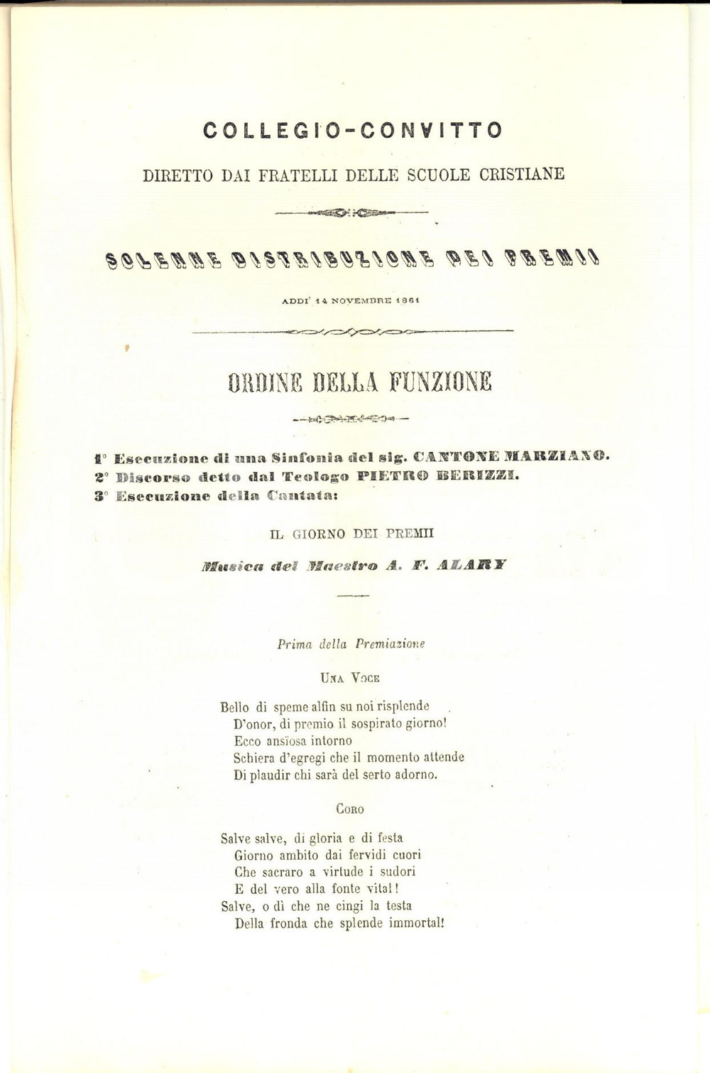 Documento originale, autentico 1861 TORINO Fratelli Scuole Cristiane Programma distribuzione premi agli alunni 1