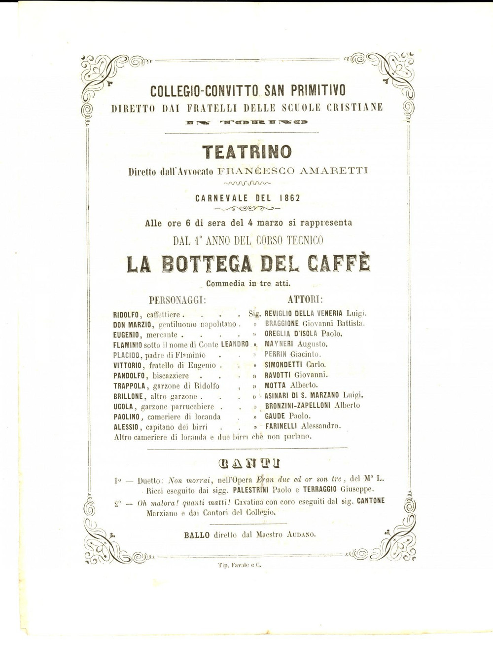 Materiale pubblicitario d’epoca 1862 TORINO Fratelli Scuole Cristiane Locandina CARNEVALE La bottega del caffÃ¨ 1