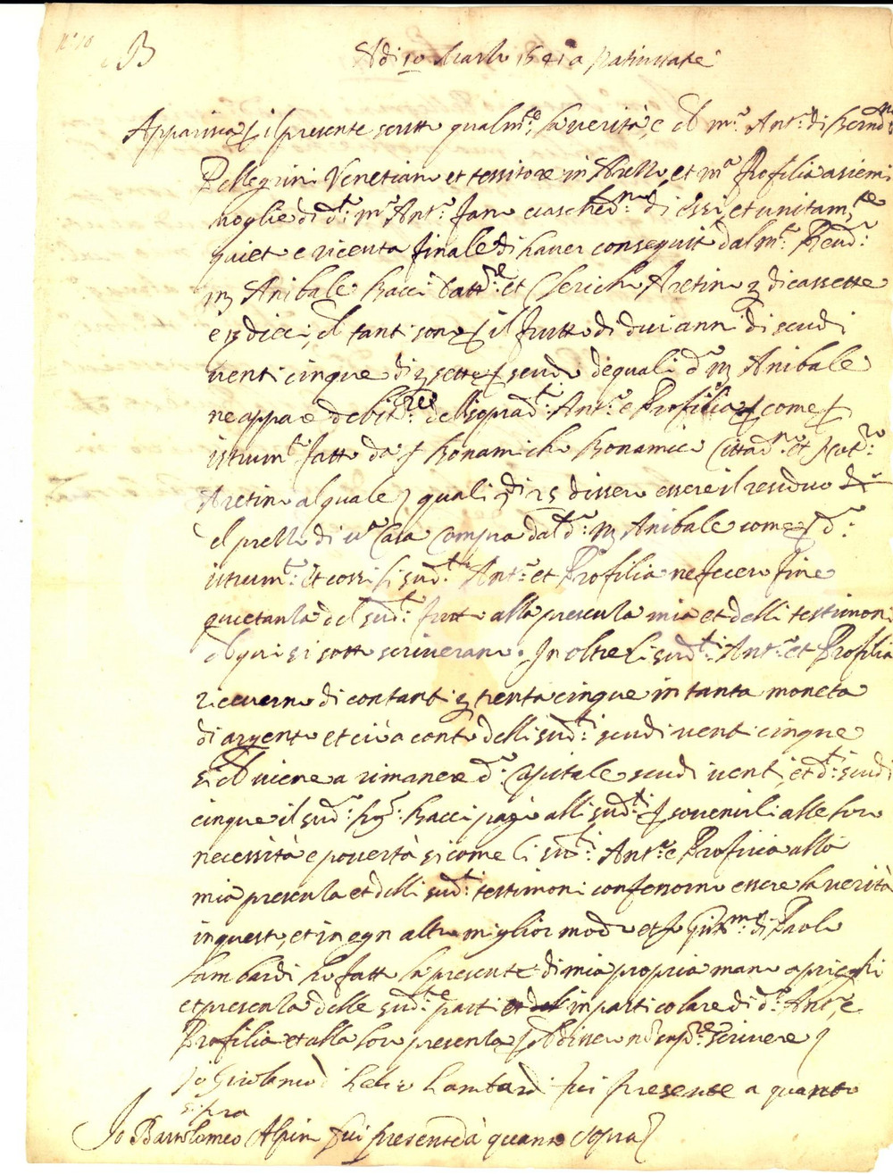 Documento originale, autentico 1641 AREZZO Antonio PELLEGRINI tessitore veneziano riceve saldo per casa venduta 1