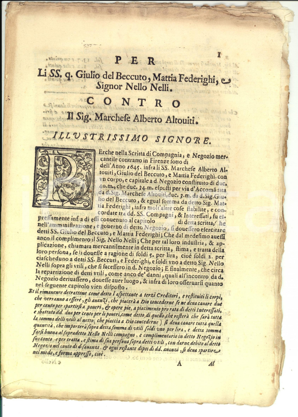 Documento originale, autentico 1667 FIRENZE Lite tra soci Giulio DEL BECCUTO e Nello NELLI vs Alberto ALTOVITI 1