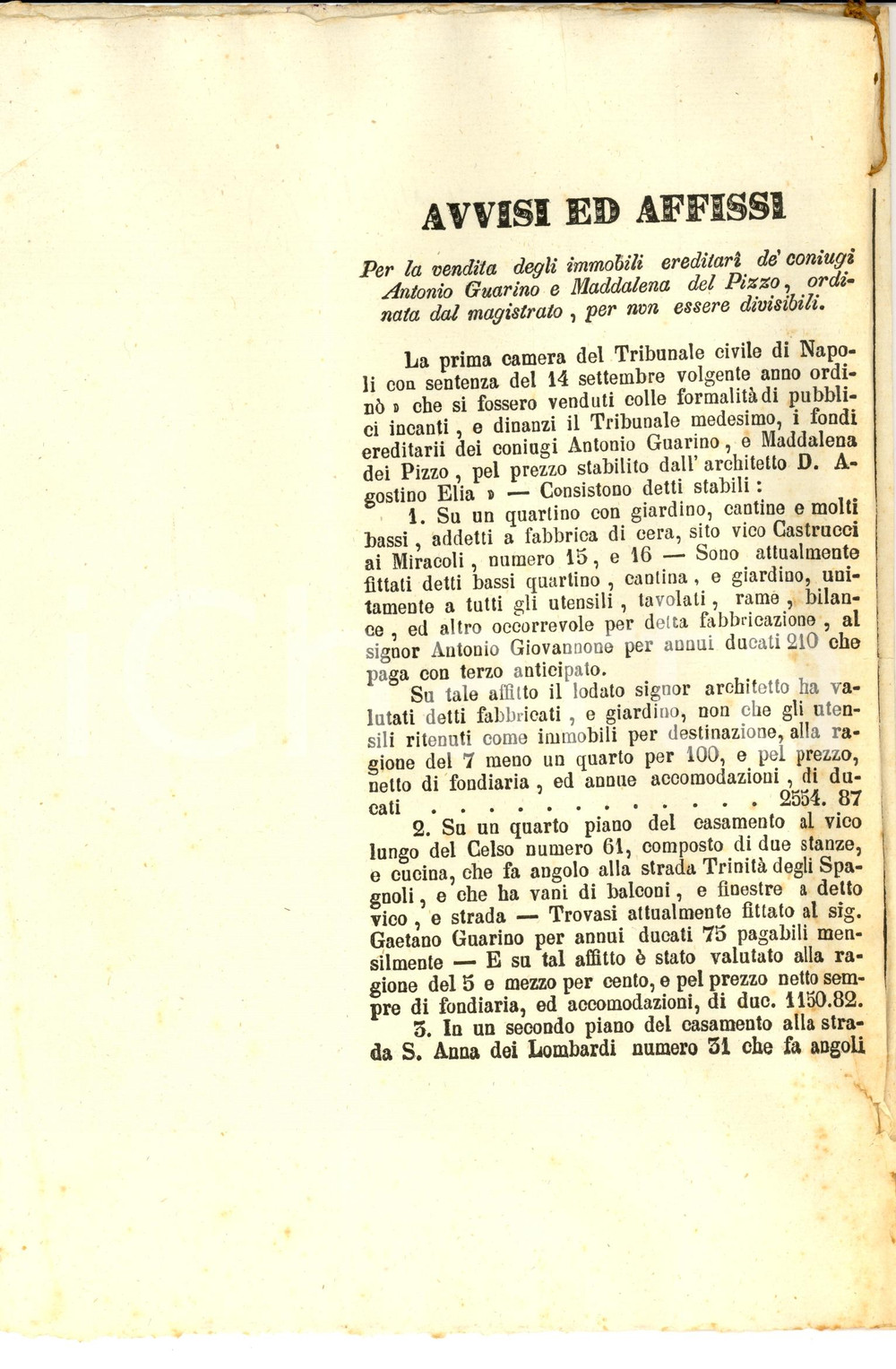 Documento originale, autentico 1858 NAPOLI SANT ANNA DEI LOMBARDI Vendita all asta beni Antonio GUARINO 1