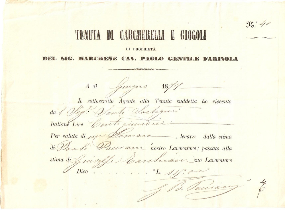 Documento originale, autentico 1877 SCANDICCI FI Tenuta CARCHERELLI E GIOGOLI Paolo GENTILE FARINOLA Ricevuta 1