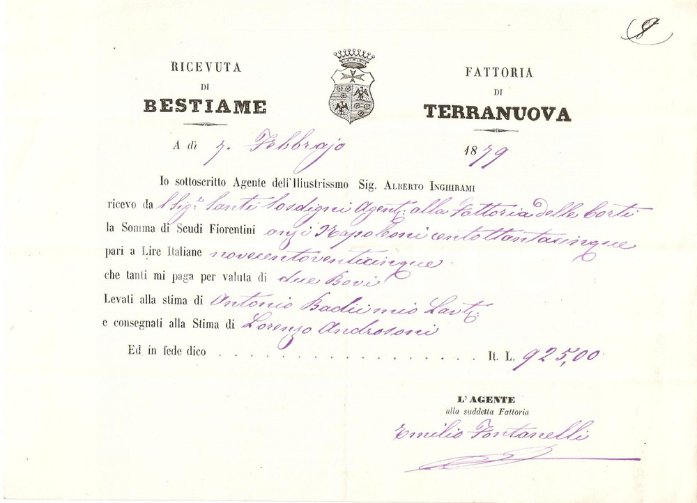 Documento originale, autentico 1879 TERRANUOVA BRACCIOLINI AR Fattoria di TERRANUOVA Ricevuta 1