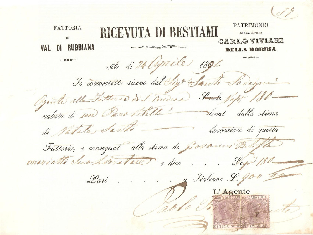 Documento originale, autentico 1896 VAL DI RUBBIANA FI Fattoria Marchese Carlo VIVIANI DELLA ROBBIA Ricevuta 1