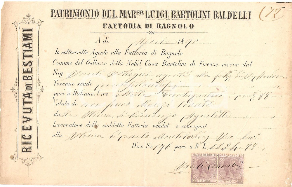 Documento originale, autentico 1890 IMPRUNETA FI Fattoria BAGNOLO Marchese Luigi BARTOLINI BALDELLI Ricevuta 1