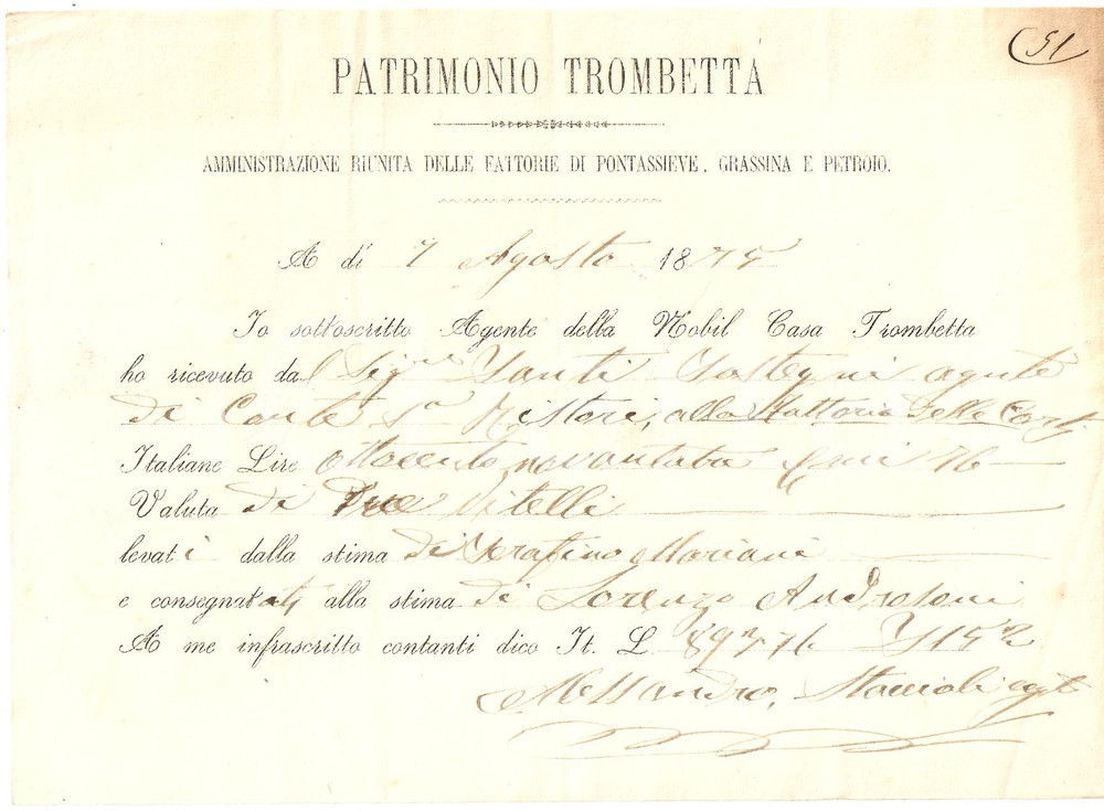Documento originale, autentico 1875 PONTASSIEVE  GRASSINA  PETROIO Fattorie Nobil casa TROMBETTA Ricevuta 1