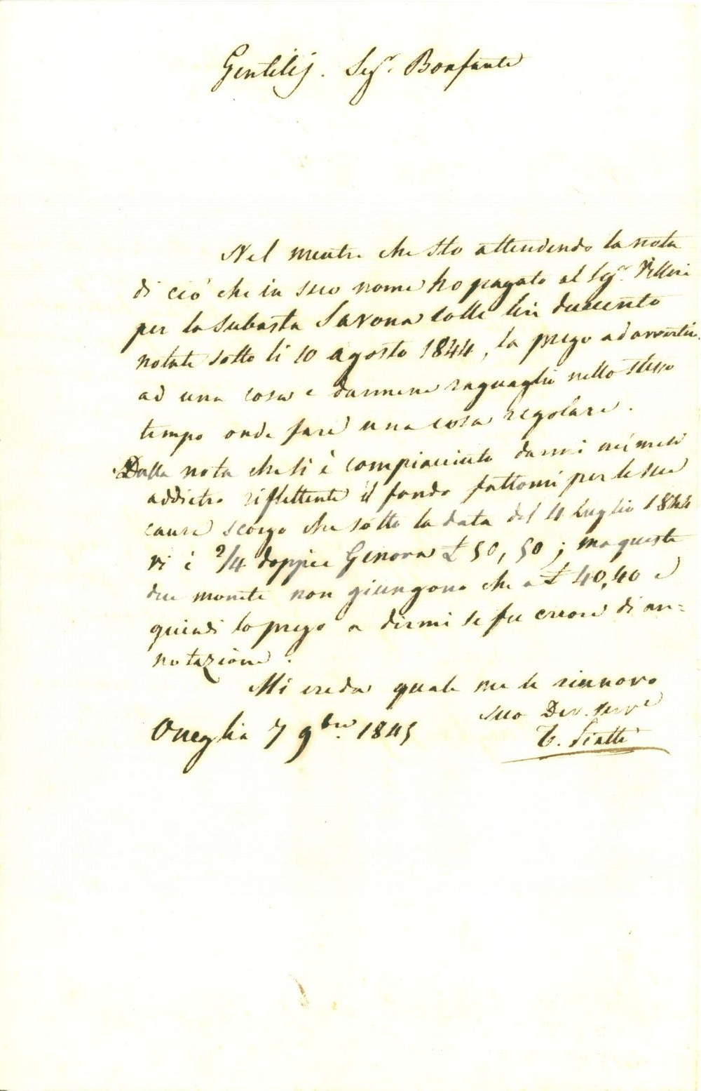 Documento originale, autentico 1845 ONEGLIA IM Domenico BONFANTE sbaglia conto spese avvocato Tommaso PIATTI 1