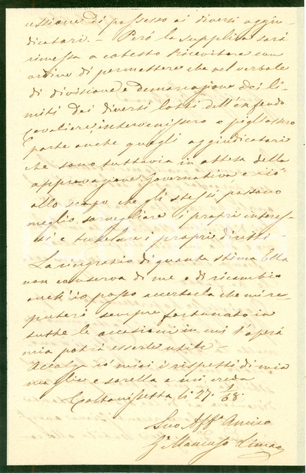 Autografo originale 1868 PALERMO Avvocato garibaldino Giuseppe MANCUSO LIMA Autografo 1