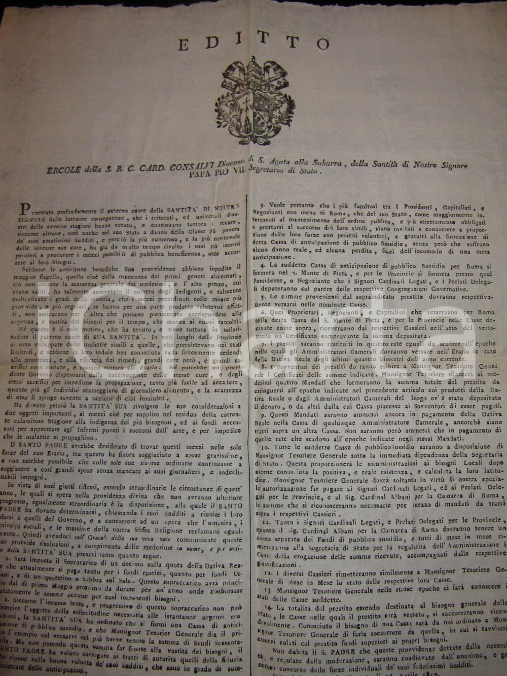 Documento originale, autentico 1817 STATO PONTIFICIO Il Papa aumenta le imposte contro  la carestia Manifesto 1