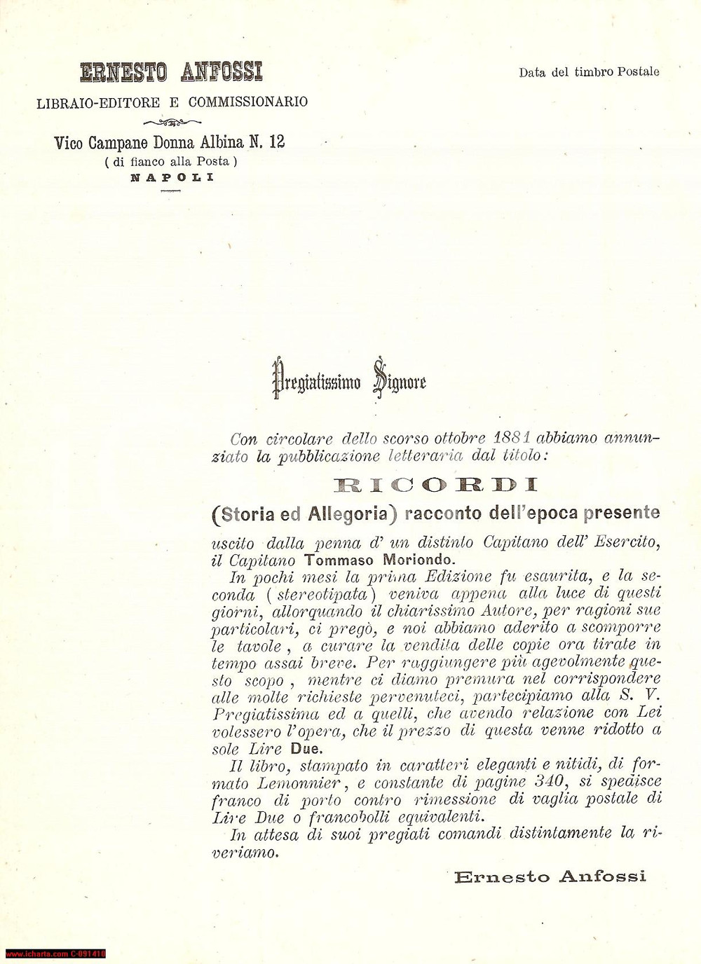 Manoscritto, lettera originale 1882 NAPOLI Tommaso Moriondo Comunicato ERNESTO ANFOSSI 1