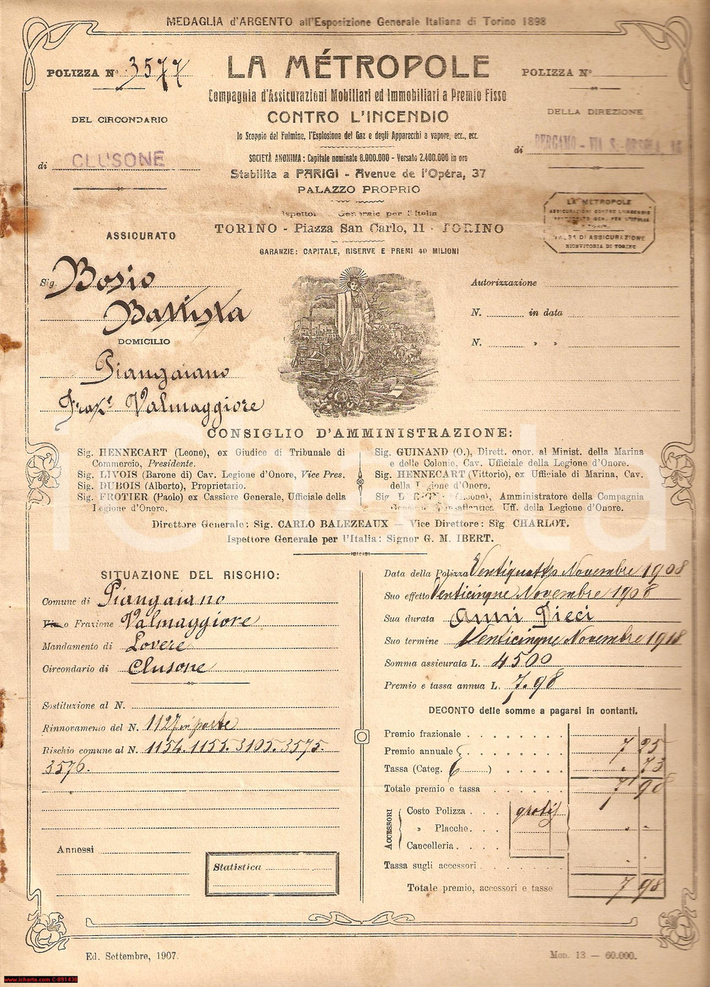 Documento originale, autentico 1908 ENDINE GAIANO Polizza LA METROPOLE Battista BOSIO 1