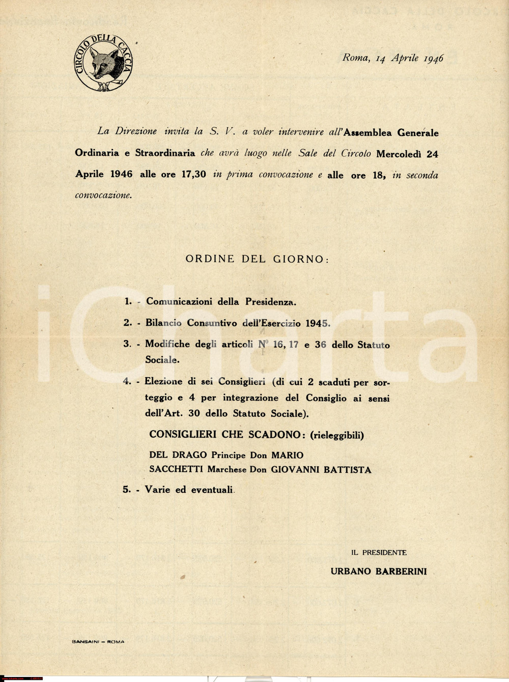 Documento originale, autentico 1946 ROMA Assemblea straordinaria CIRCOLO DELLA CACCIA 1