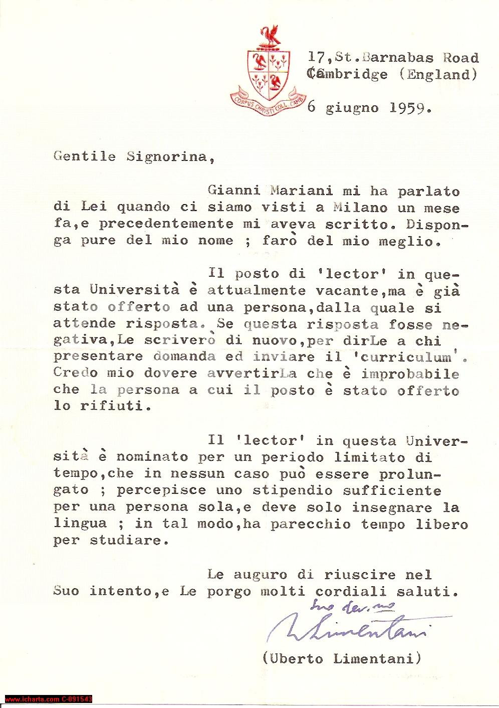 Autografo originale 1959 CAMBRIDGE UK Uberto LIMENTANI sul ruolo del Lector 1