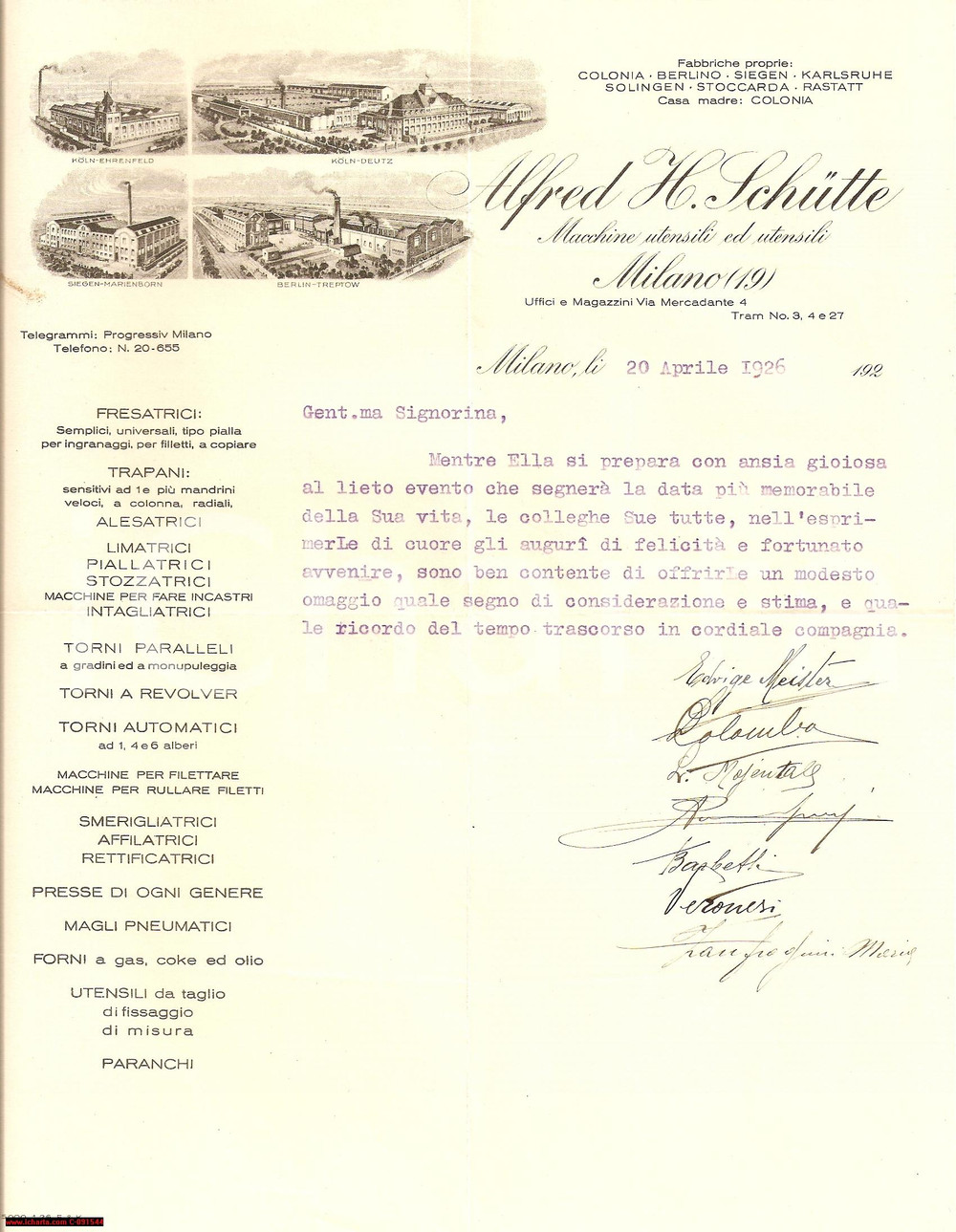 Manoscritto, lettera originale 1926 MILANO Macchine utensili Alfred SCHUTTE illustrata 1