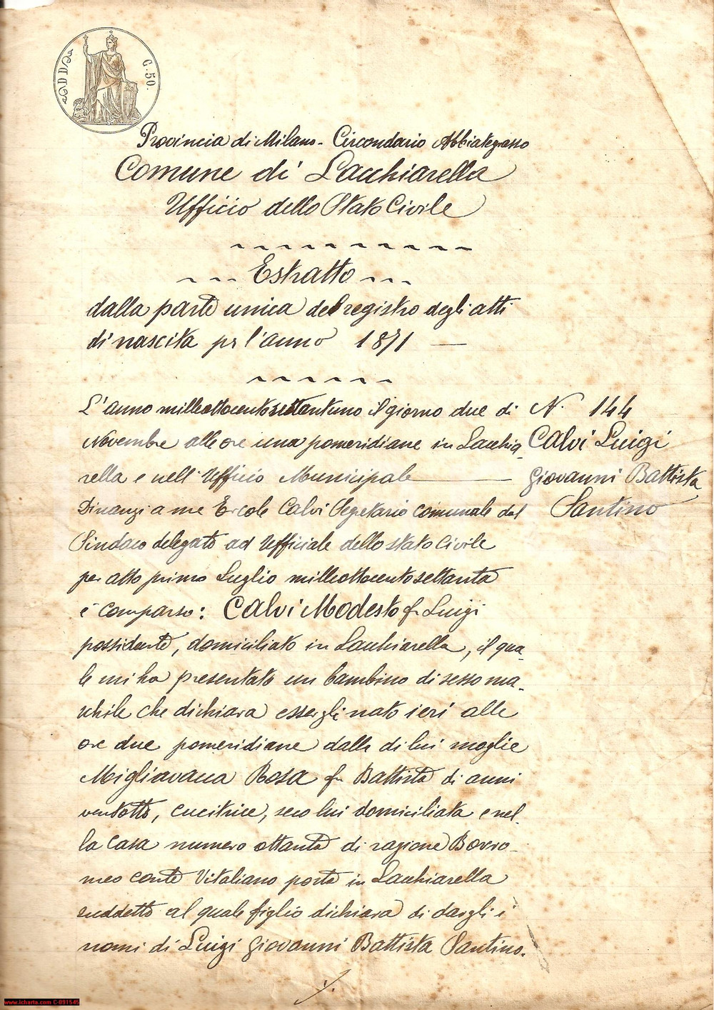 Documento originale, autentico 1871 LACCHIARELLA MI Atto di nascita di LUIGI CALVI 1