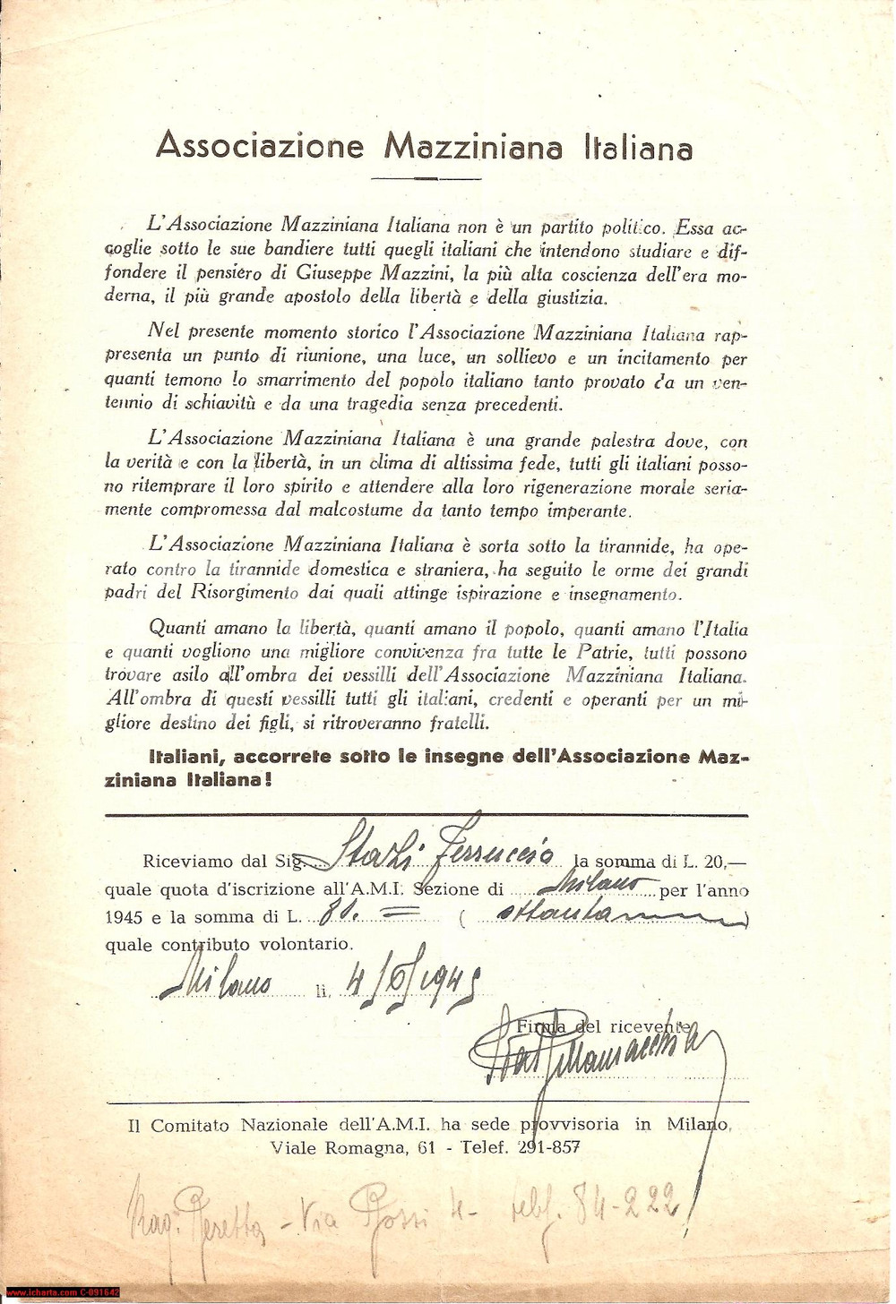 Documento originale, autentico 1945 MILANO Associazione MAZZINIANA sostiene REPUBBLICA 1