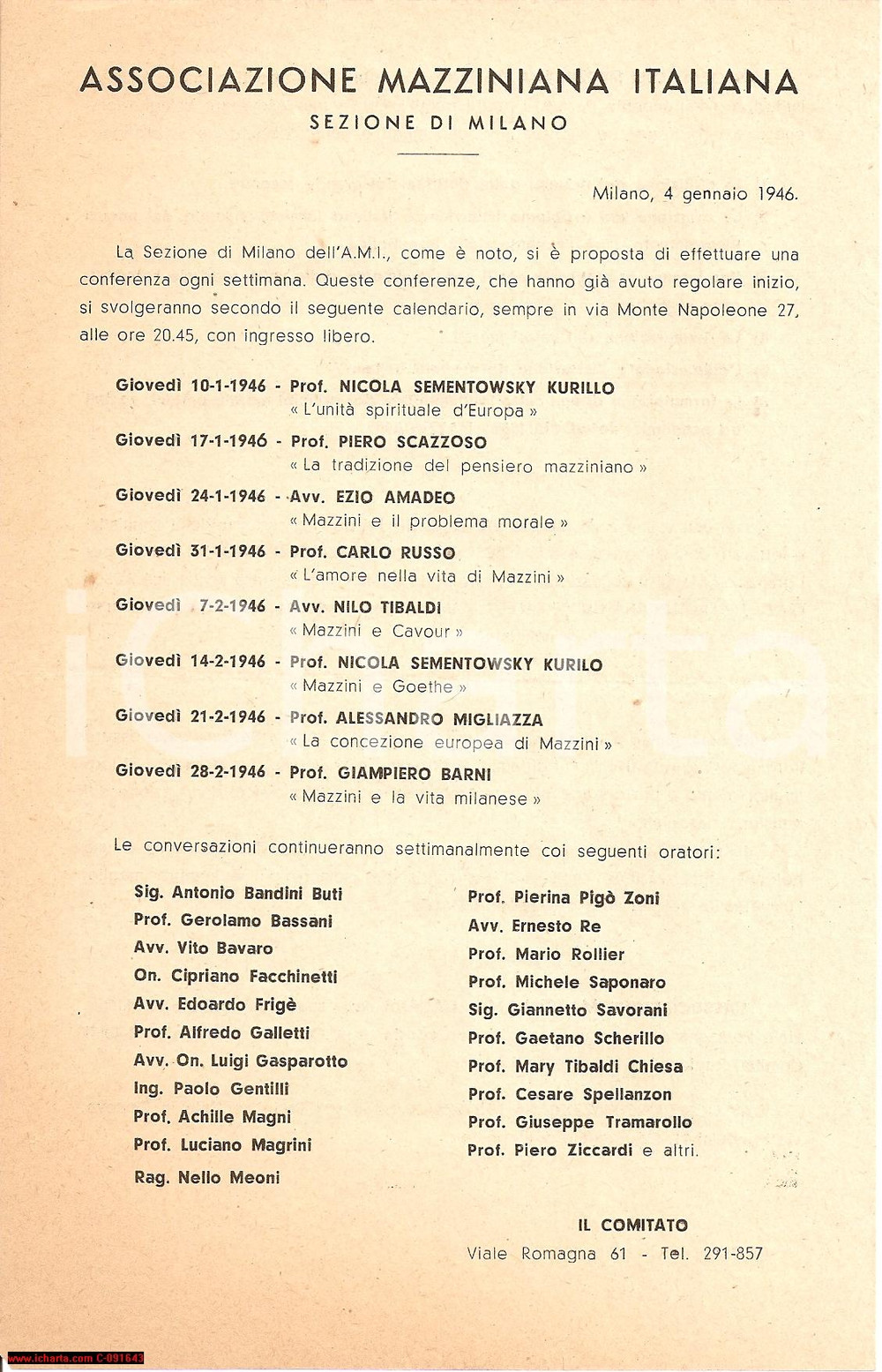 Documento originale, autentico 1946 MILANO Associazione MAZZINIANA Elenco conferenze 1