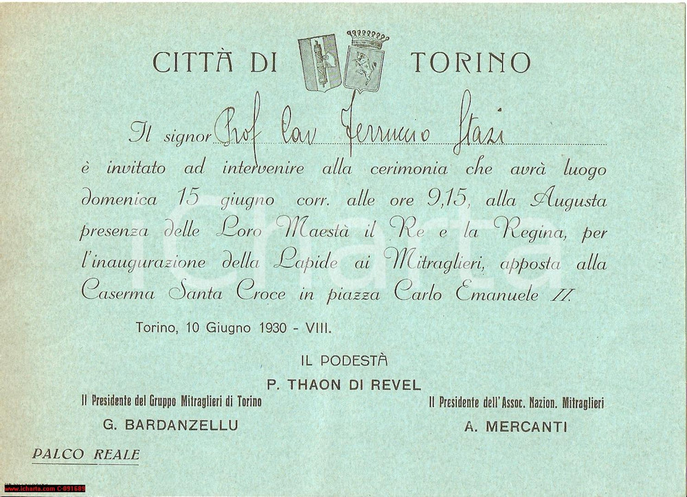 Documento originale, autentico 1930 TORINO Cerimonia inaugurazione Lapide dei mitraglieri Thaon di Revel 1