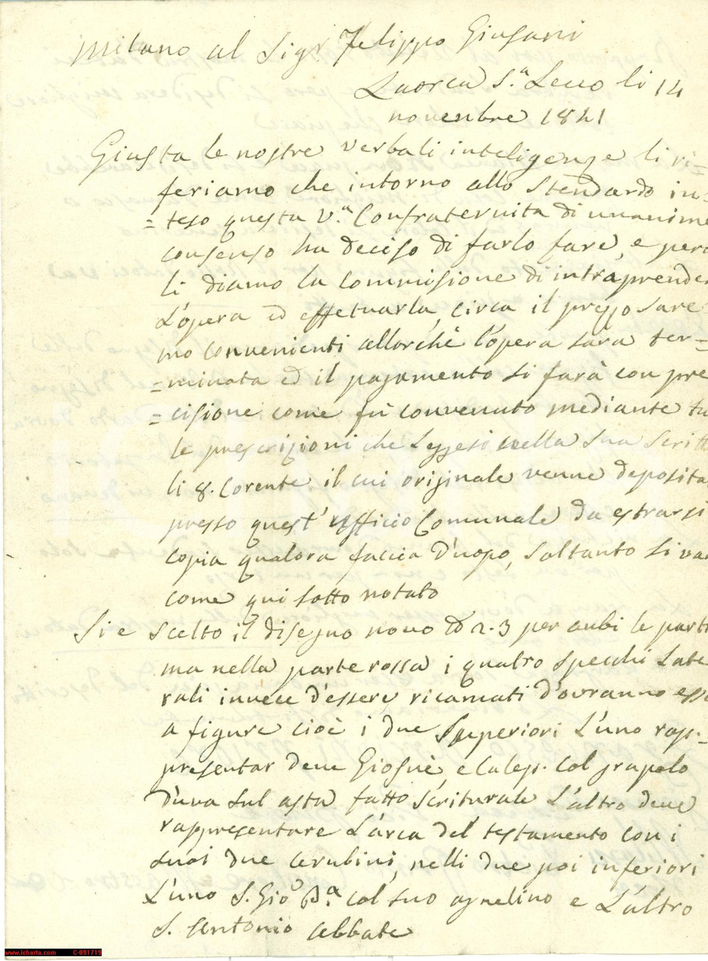 Documento originale, autentico 1841 LECCO Filippo GIUSSANI ricama stendardo per Confraternita di LAORCA 1