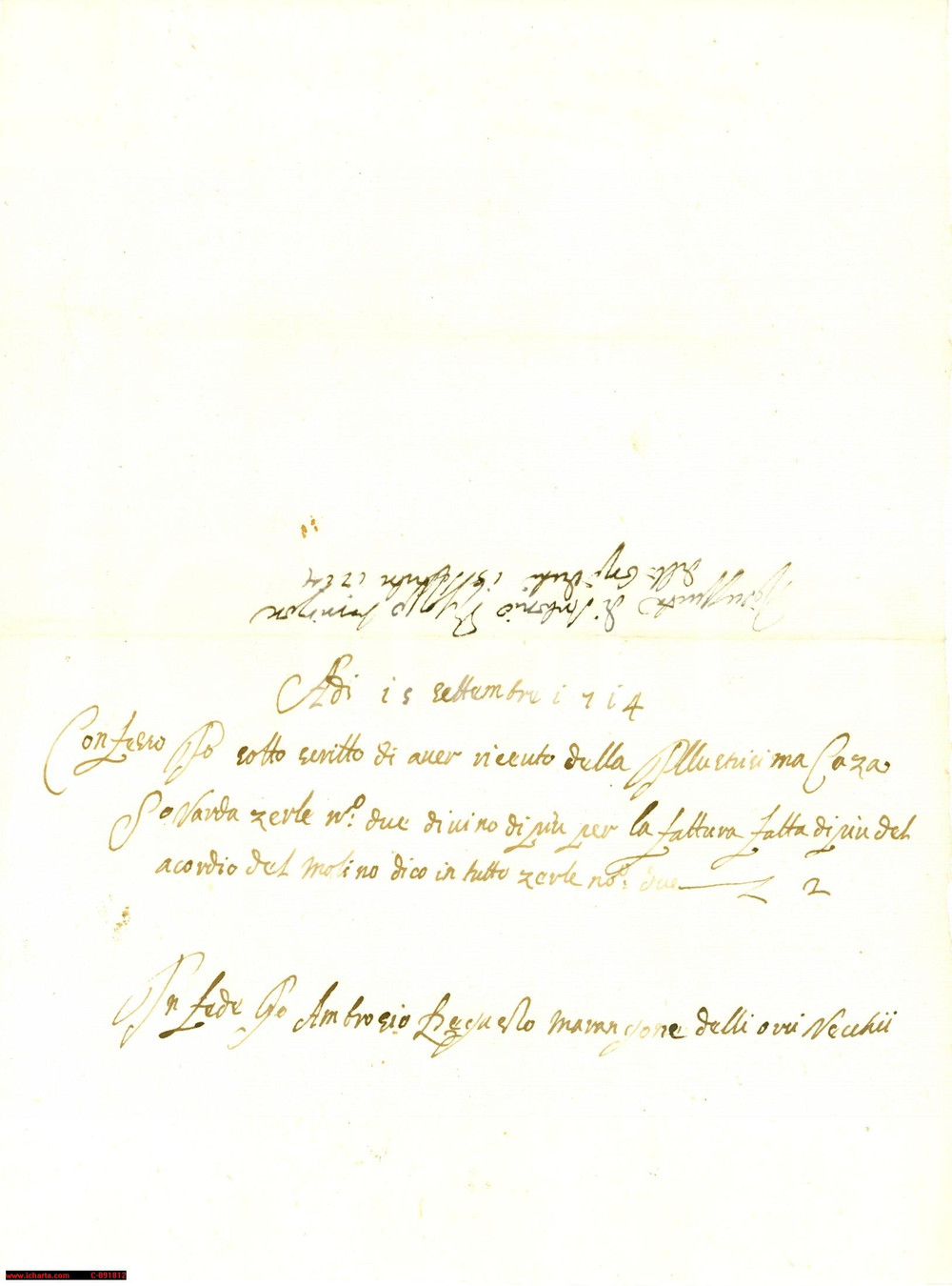 Documento originale, autentico 1714 ORZIVECCHI BS Due gerle vino a Giovanni MARANGONI 1