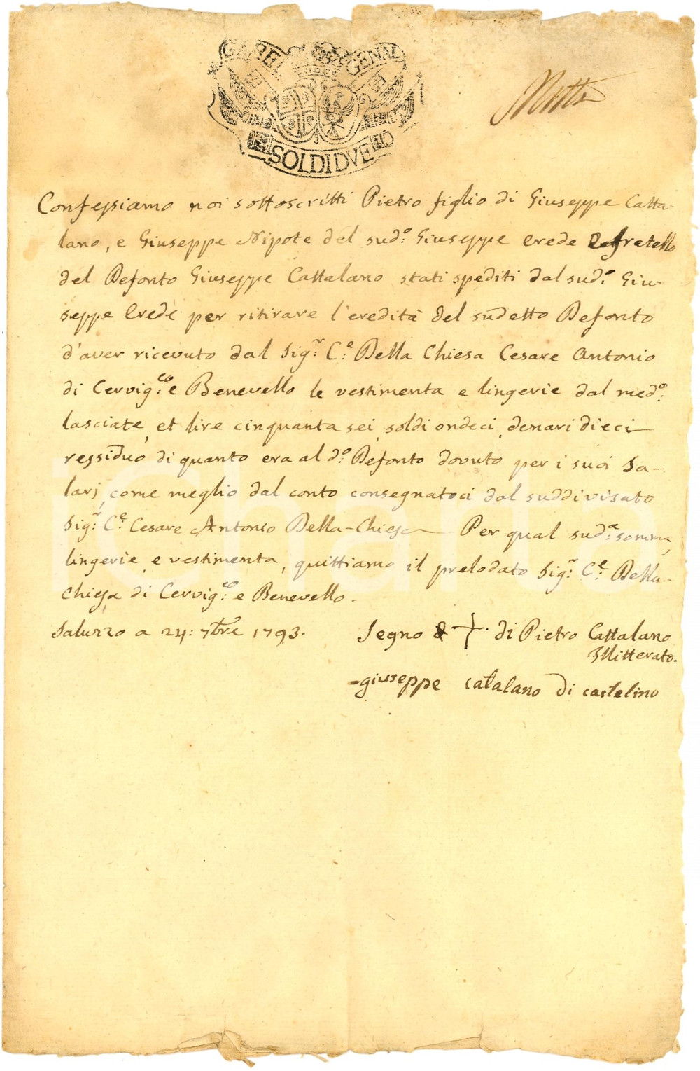 Documento originale, autentico 1793 SALUZZO CN Vestimenta e lingerie a eredi di GIUSEPPE CATTALANO 1