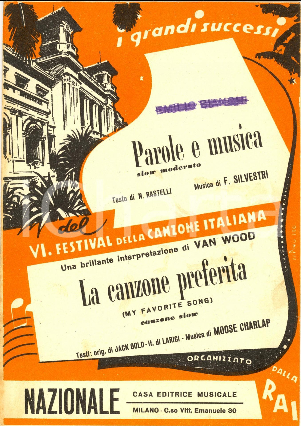 Oggetto da collezione cartaceo 1952 FESTIVAL SANREMO Parole e musica RASTELLI SILVESTRI Illustrato Spartito 1