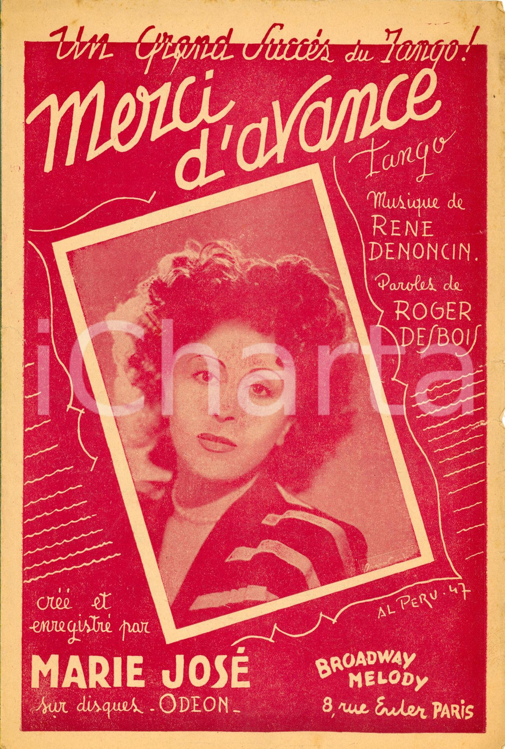 Oggetto da collezione cartaceo 1947 RenÃ© DENONCIN Roger DESBOIS Merci d avance Spartito 1