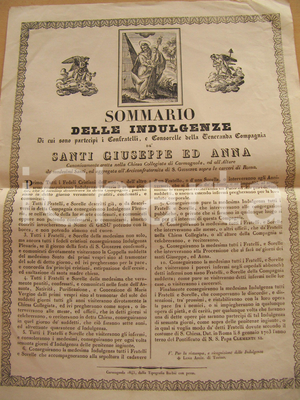 Documento originale, autentico 1843 CARMAGNOLA TO Confraternita SS. GIUSEPPE e ANNA  Manifestino 1