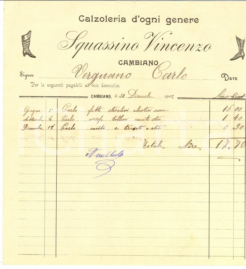 Documento originale, autentico 1912 CAMBIANO TO Vincenzo SQUASSINO calzoleria varia Fattura 1