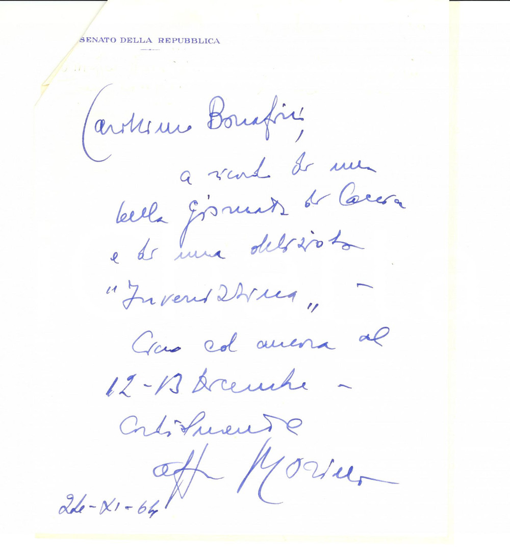 Autografo originale 1964 ROMA Lettera autografa del senatore Alessandro MORINO 1