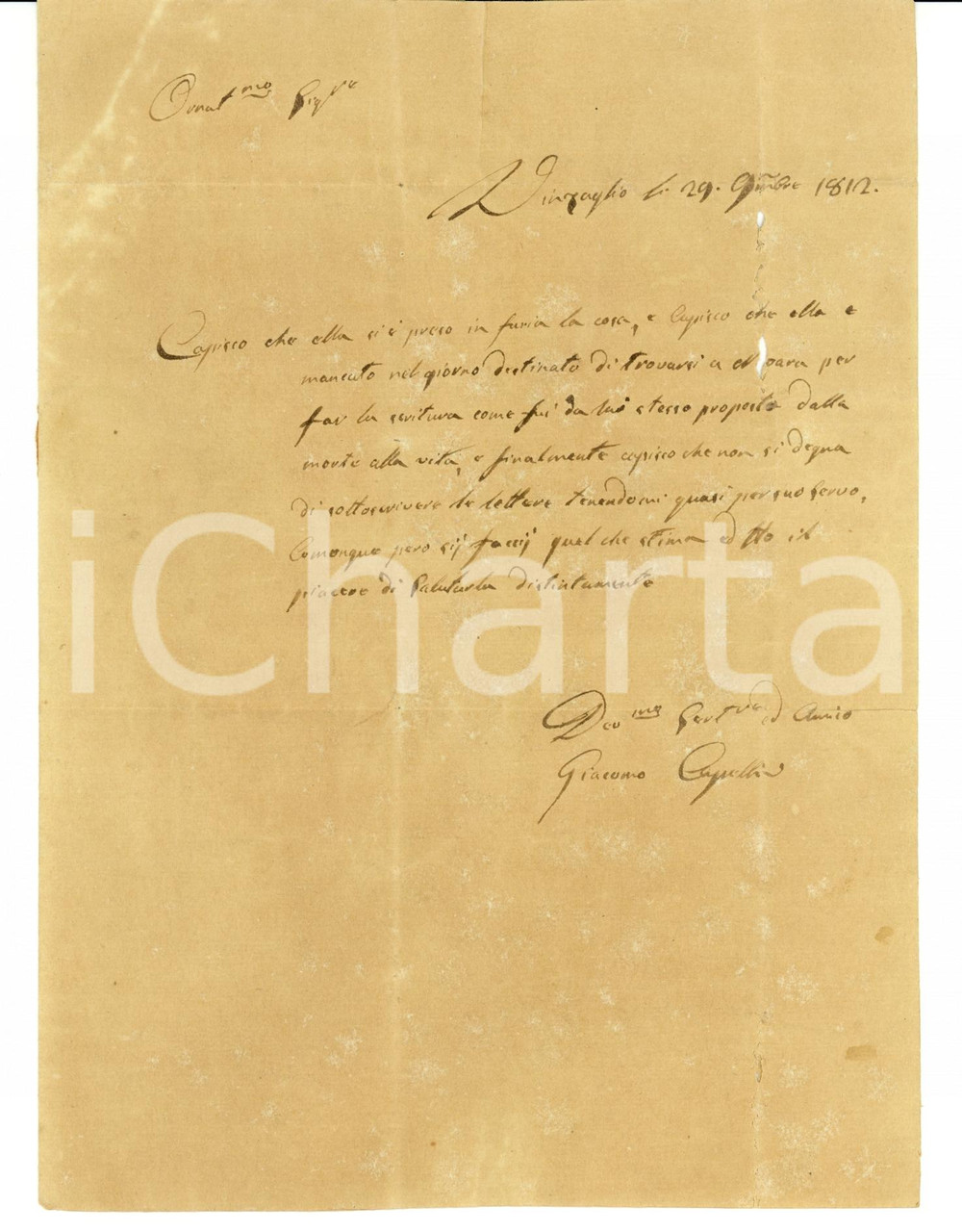 Documento originale, autentico 1812 VINZAGLIO NO Giacomo CAPELLI maltrattato dal conte NIBBIA Lettera 1