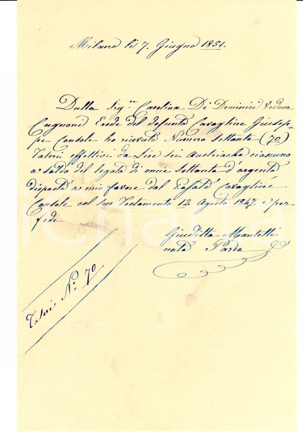 Documento originale, autentico 1851 MILANO Giuditta PAREA MANTELLI riceve legato testamentario 1