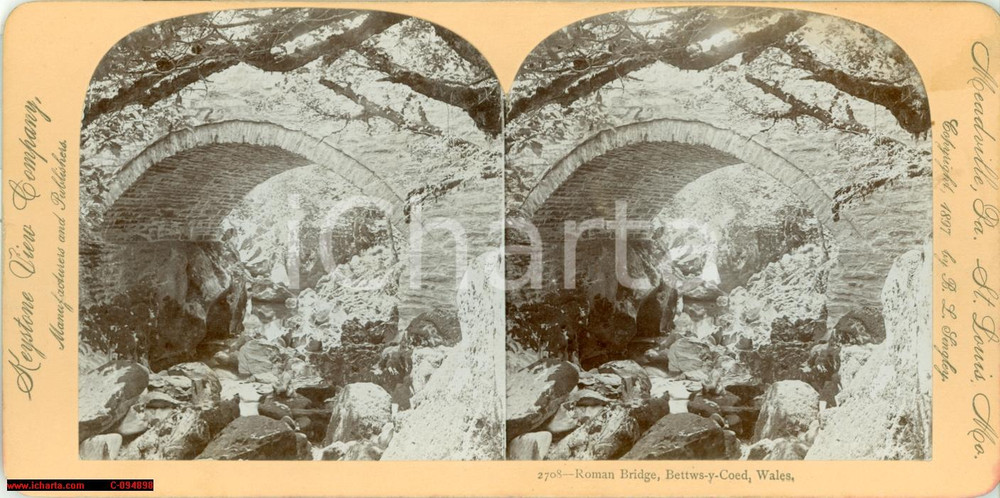 Fotografia d epoca originale 1897 BETTWSYCOED WALES The Roman Bridge stereoscopica 1