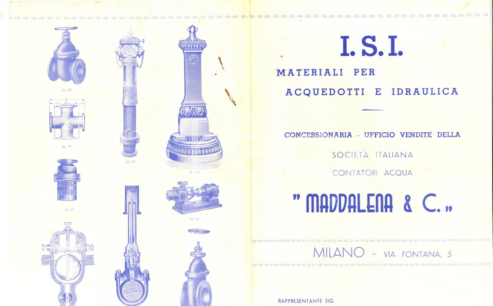 Materiale pubblicitario d’epoca 1930 ca MILANO Materiali acquedotti e idraulica I.S.I. Volantino ILLUSTRATO 1
