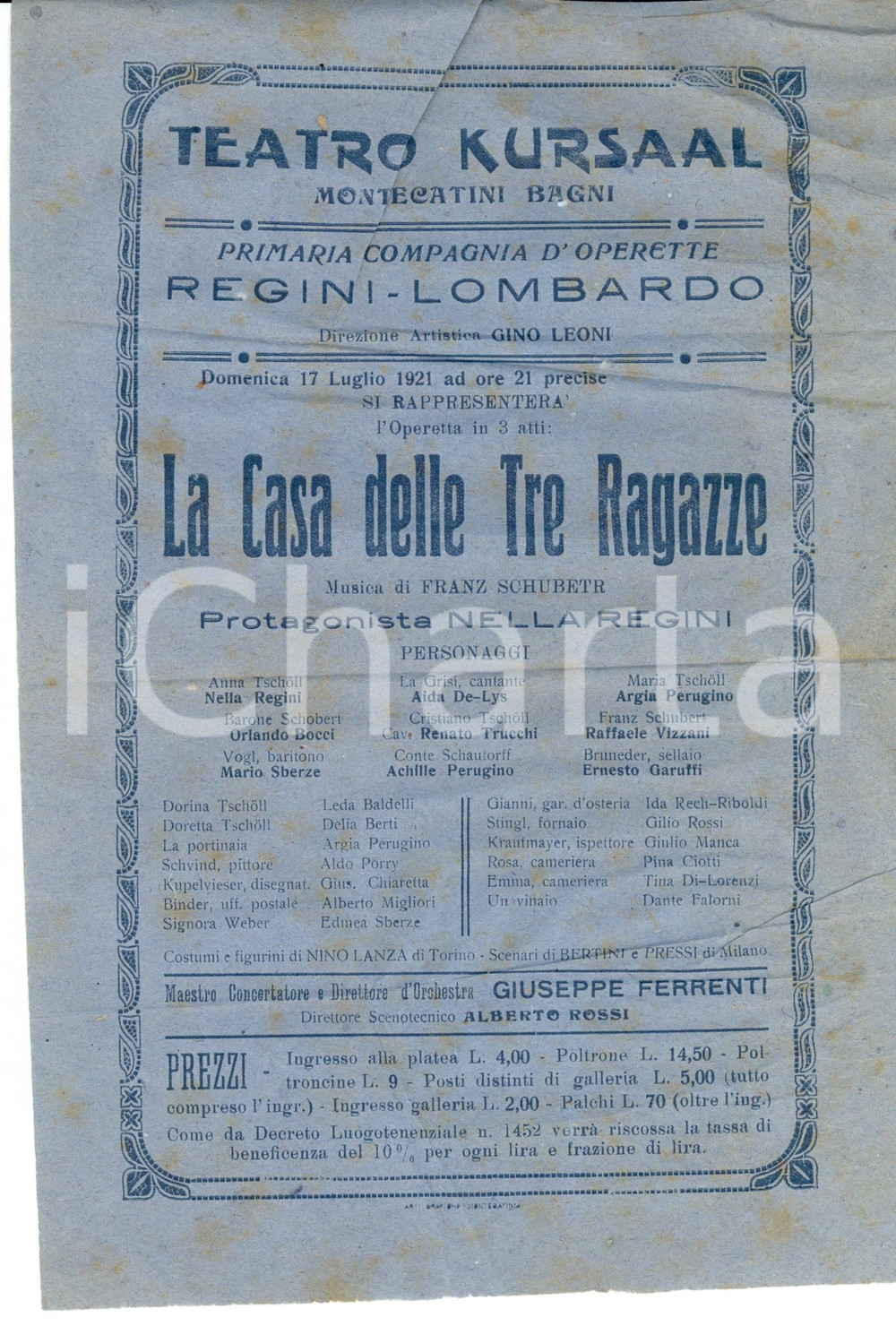Oggetto da collezione cartaceo 1921 MONTECATINI TERME PT La casa delle tre ragazze NELLA REGINI Manifesto 1