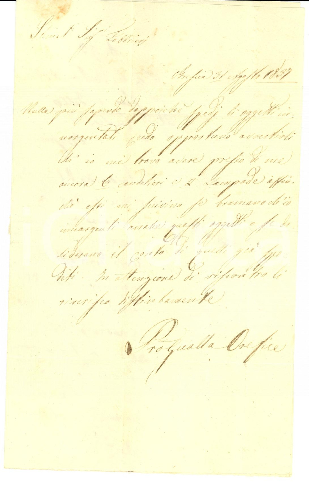 Documento originale, autentico 1837 BRESCIA Orefice Pietro GUALLA inargenta candelieri e lampade 1