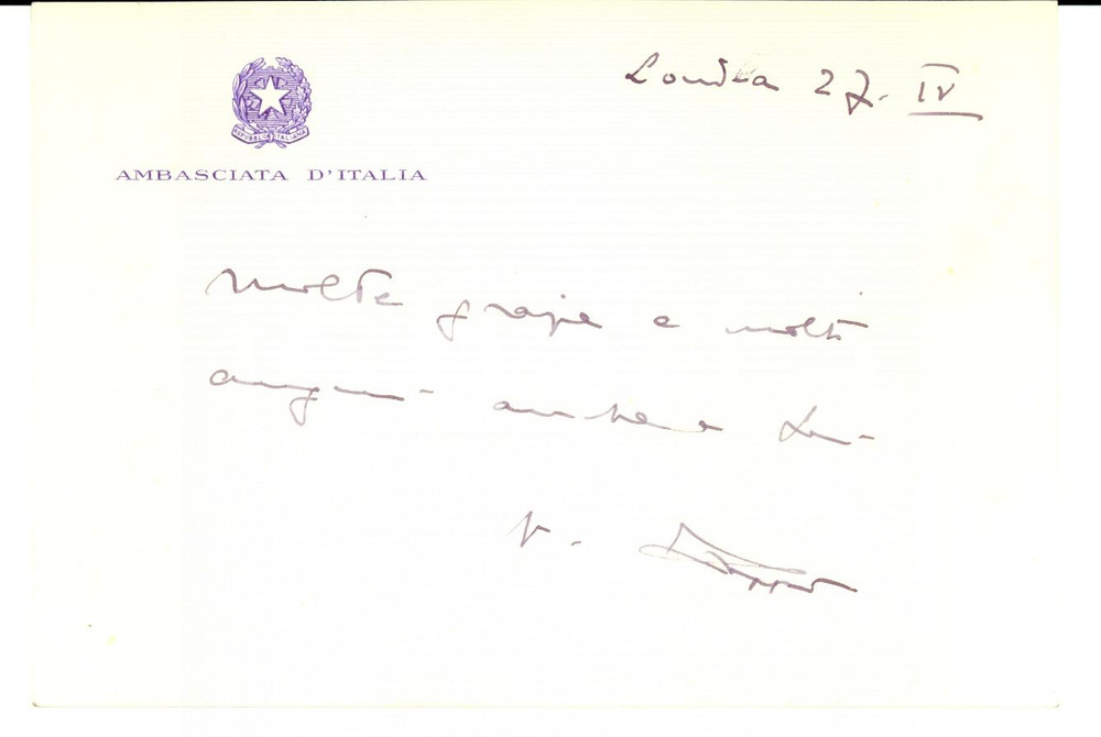 Autografo originale 1960 ca LONDON Italian Embassy  Biglietto auguri Autografo VITTORIO ZOPPI 1