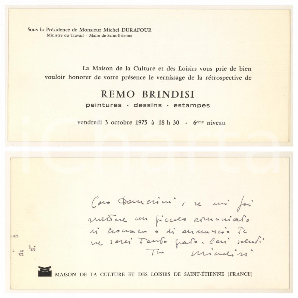Autografo originale 1975 SAINTETIENNE F Invito a retrospettiva REMO BRINDISI pittore Autografo 1