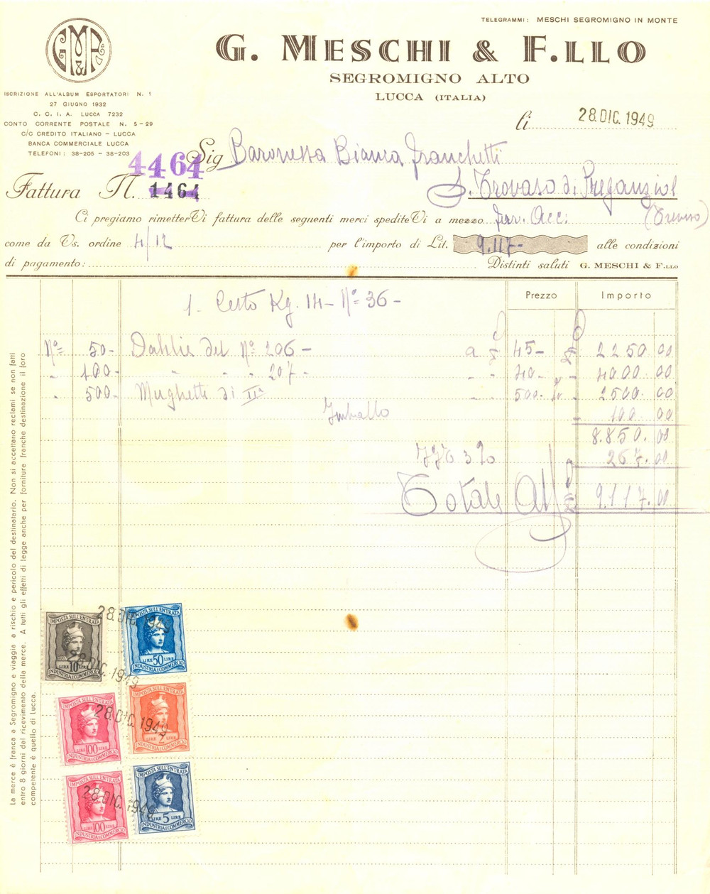 Documento originale, autentico 1949 SEGROMIGNO ALTO LU Fiorista MESCHI & Fratello Fattura commerciale 1